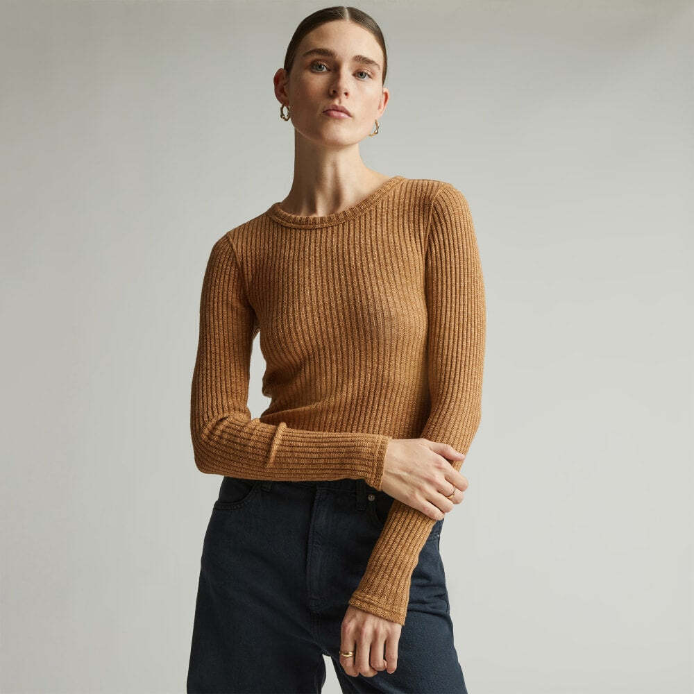 Everlane Women's Cozy Rib Long-Sleeve Tee Sweater in Cappuccino, Size Medium, C…